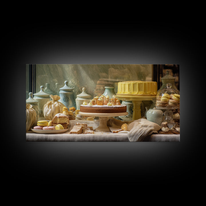 French Patisserie Window Display of Pastel Pastries Canvas Print, Bakery Art, Textured Painting, Bakery Decor, Patisserie, BAK-2x1-22