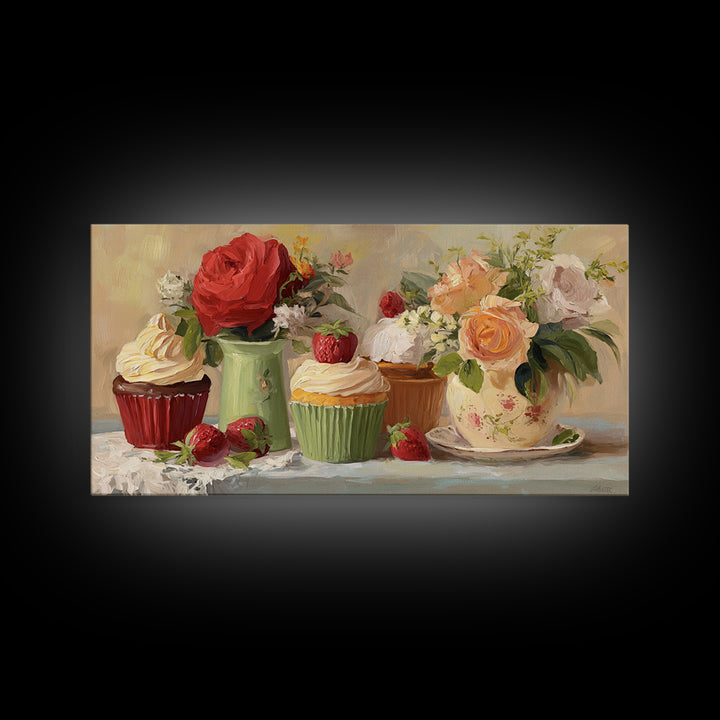 Cupcake Bouquet Painted Framed Canvas Print, Bakery Art, Boho Decor, Bakery Decor, Oil Painting, Patisserie, Printable Wall Art, BAK-2x1-27