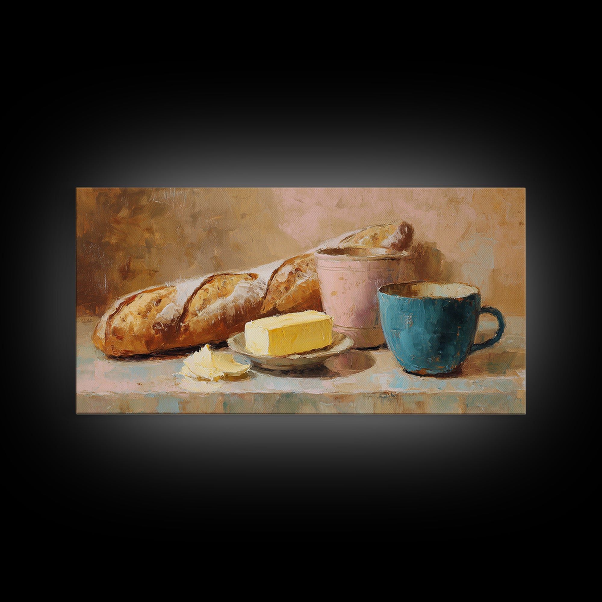 Baguette and Butter Still Life on Marble Framed Canvas Print, Bakery Art, Contemporary Art, Bakery Decor, Fine Art, Patisserie, BAK-2x1-28