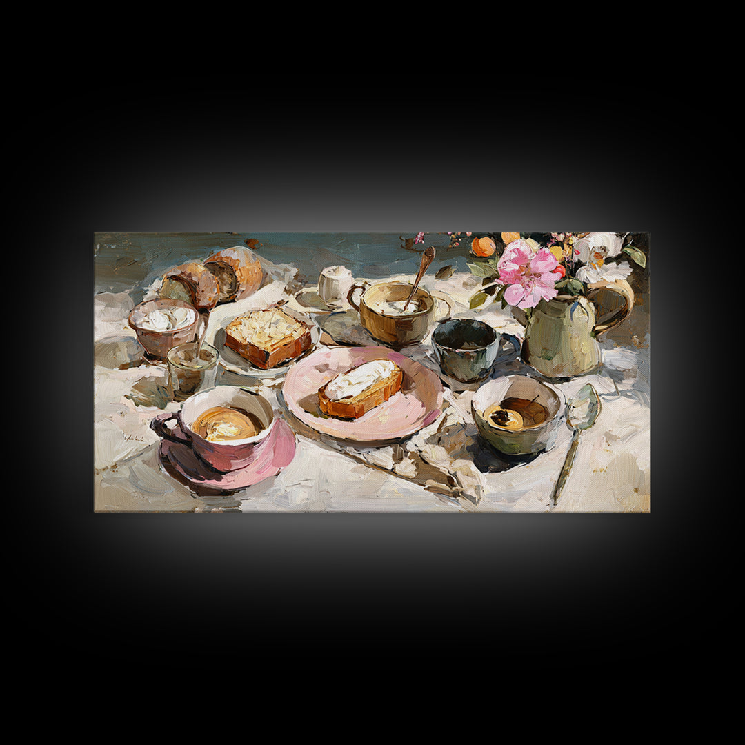 Painterly Eclair and Coffee Still Life Canvas Print, Bakery Art, Wall Art, Bakery Decor, Oil Painting, Patisserie, BAK-2x1-32
