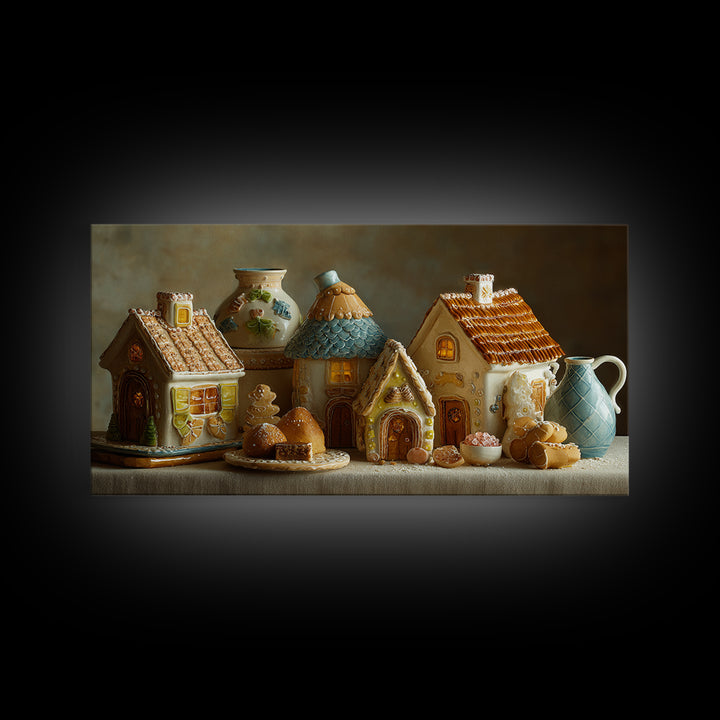 Gingerbread Houses in Charming Folk Art Style Framed Canvas Print, Bakery Art, Contemporary Art, Bakery Decor, Patisserie, BAK-2x1-34