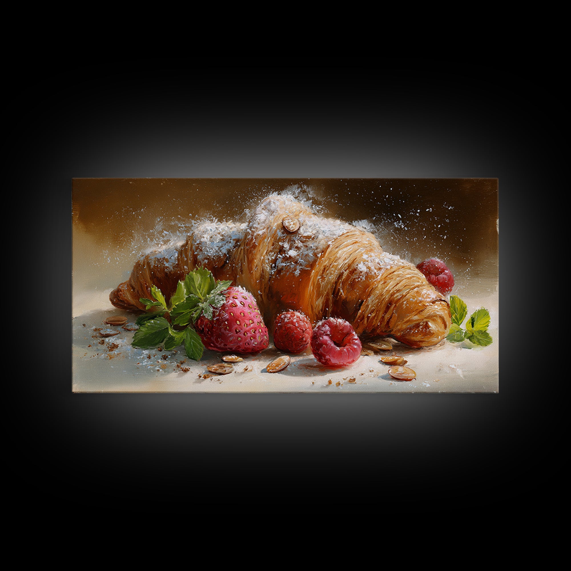 Almond Croissant Closeup Framed Canvas Print, Bakery Art, Wall Art, Bakery Decor, Oil Painting, Patisserie, Kitchen Wall Decor, BAK-2x1-35
