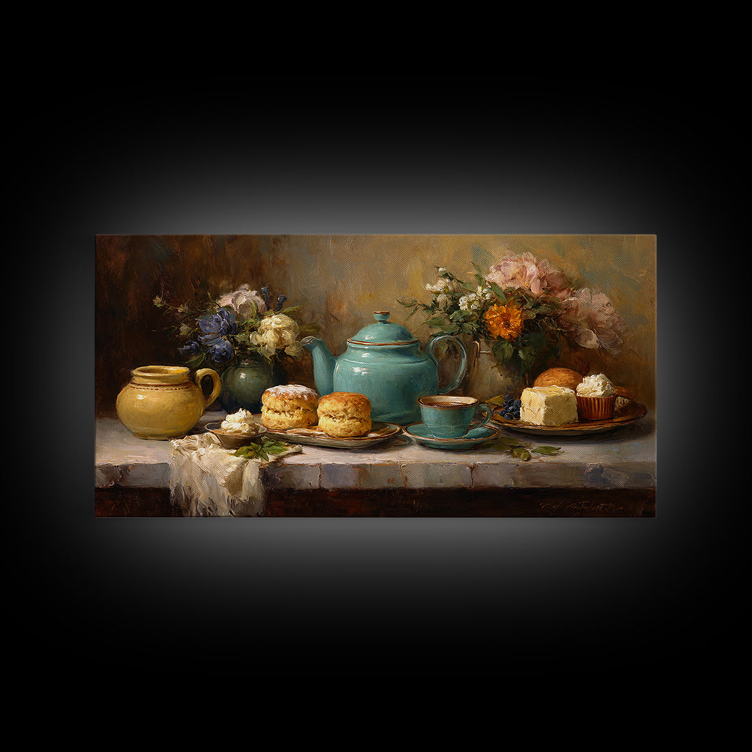 Tea and Scone Arrangement Framed Canvas Print, Bakery Art, Wall Decor, Bakery Decor, Fine Art, Patisserie, Kitchen Prints, BAK-2x1-40