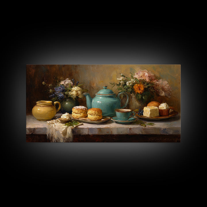 Tea and Scone Arrangement Framed Canvas Print, Bakery Art, Wall Decor, Bakery Decor, Fine Art, Patisserie, Kitchen Prints, BAK-2x1-40