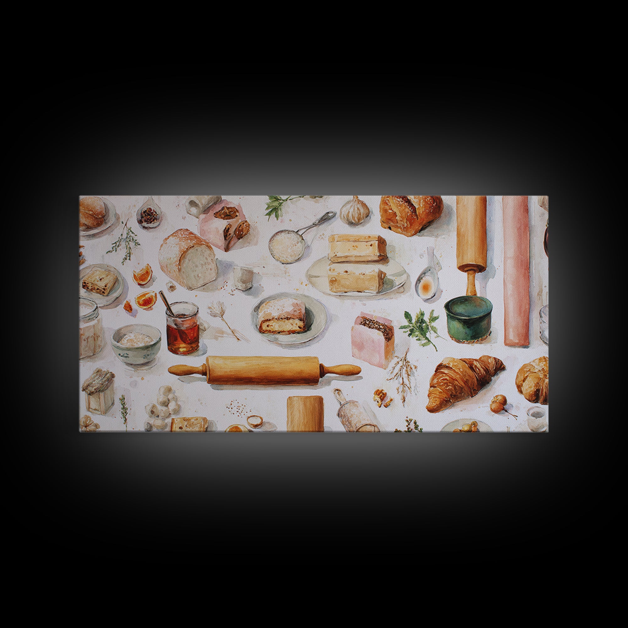 Patisserie Pattern of Rolling Pins and Pastries Canvas Print, Bakery Art, Kitchen Decor, Bakery Decor, Fine Art, Patisserie, BAK-2x1-41