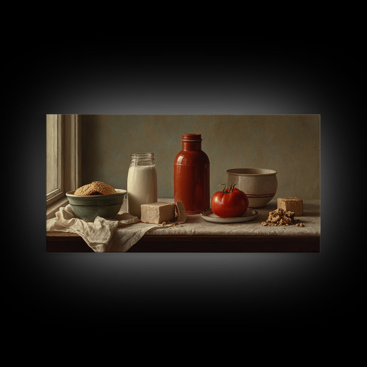 Milk Bottle and Cookies Nostalgic Still Life Framed Canvas Print, Bakery Art, Room Decor, Bakery Decor, Fine Art, Patisserie, BAK-2x1-42