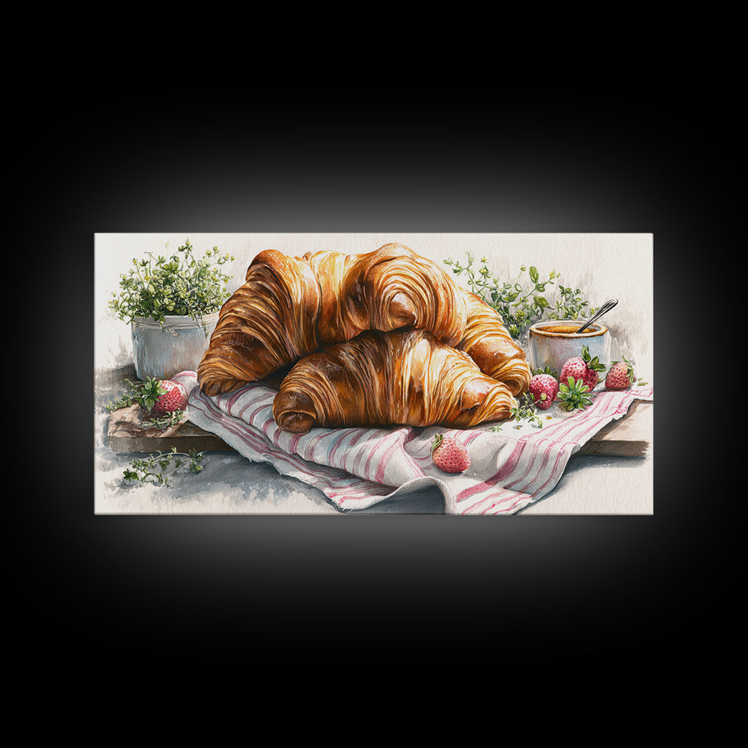 Buttery Croissants Stacked on Striped Linen Framed Canvas Print, Bakery Art, Kitchen Wall Decor, Bakery Decor, Patisserie, BAK-2x1-45