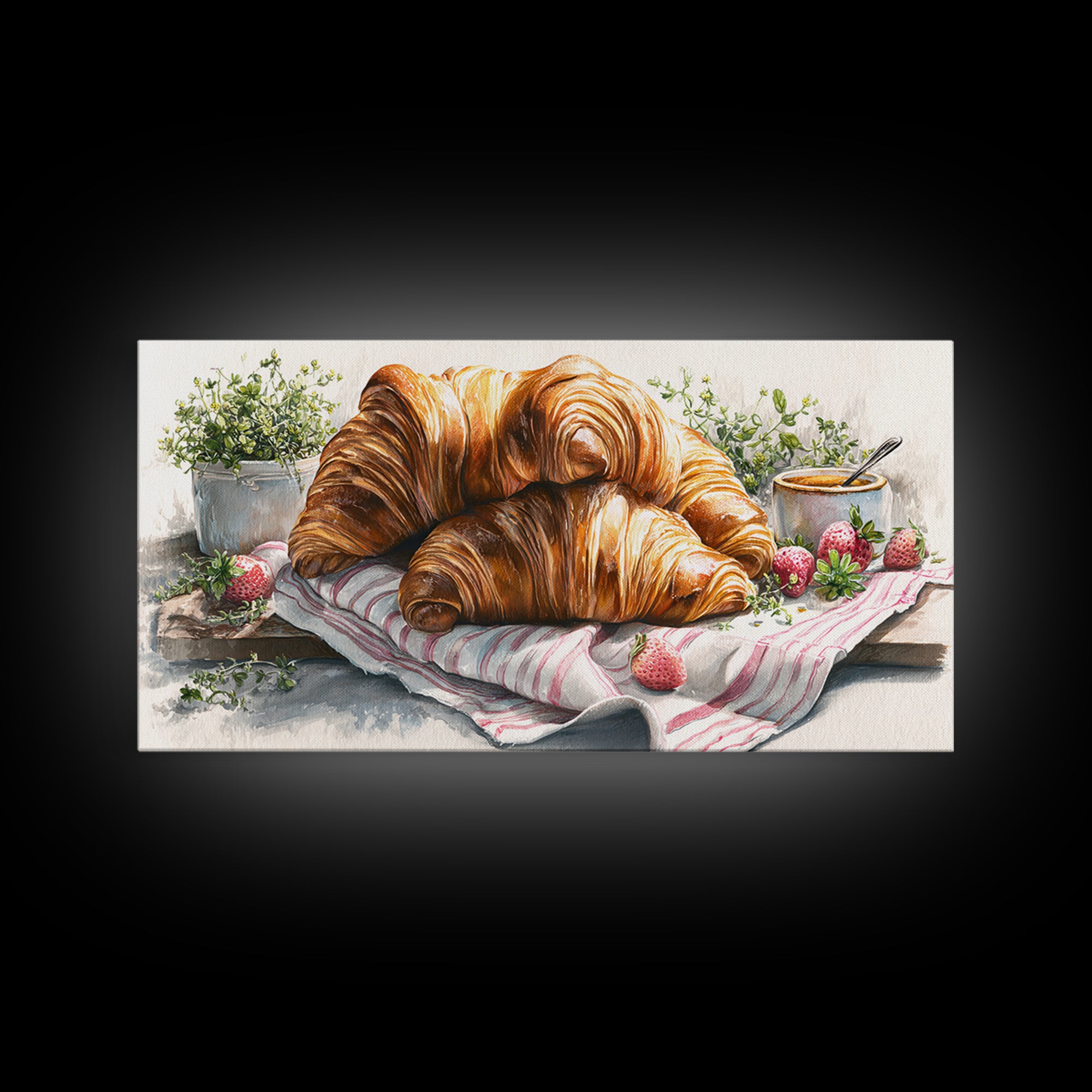 Buttery Croissants Stacked on Striped Linen Framed Canvas Print, Bakery Art, Kitchen Wall Decor, Bakery Decor, Patisserie, BAK-2x1-45