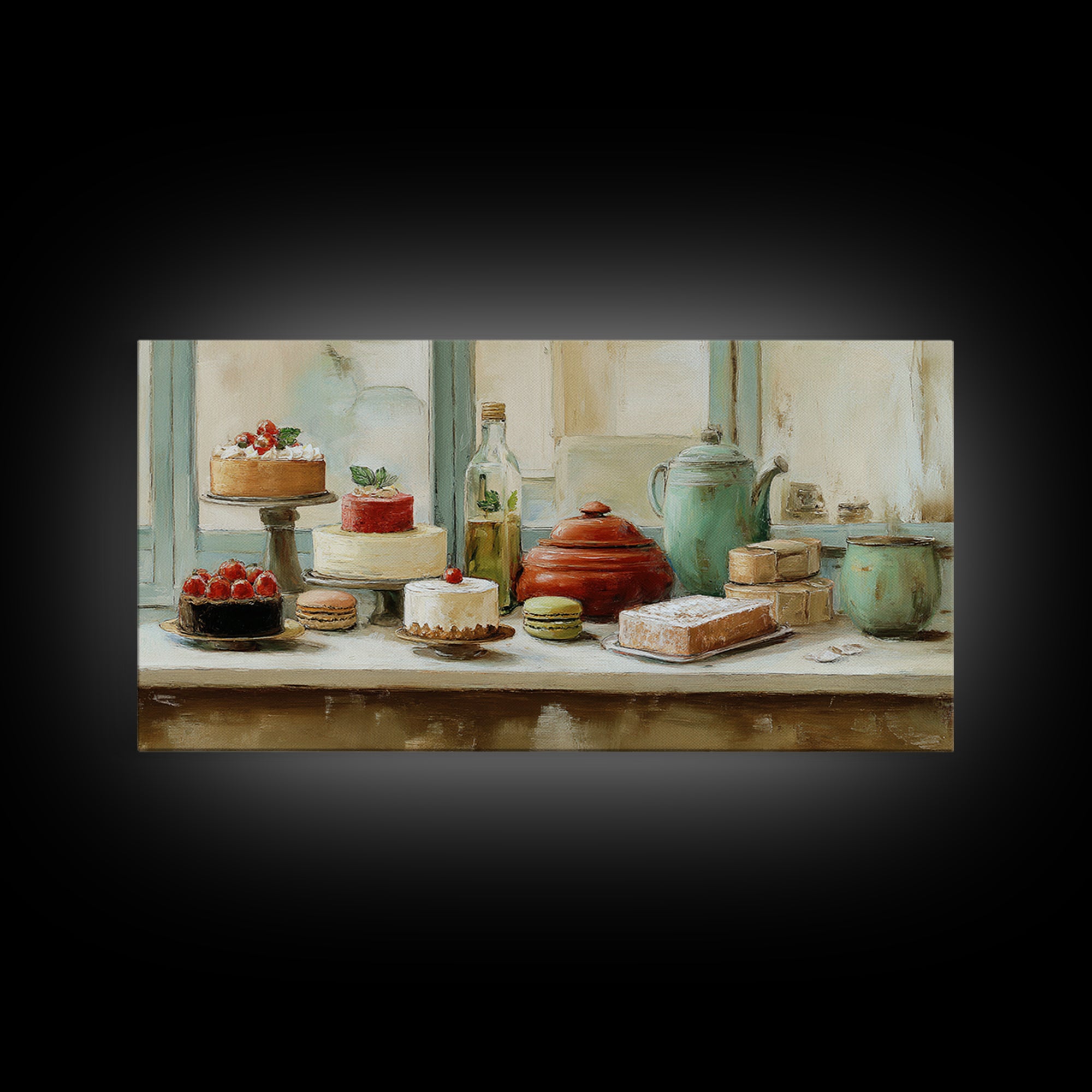 French Patisserie Window Display of Pastel Pastries Framed Canvas Print, Bakery Art, Wall Decor, Bakery Decor, Patisserie, BAK-2x1-46