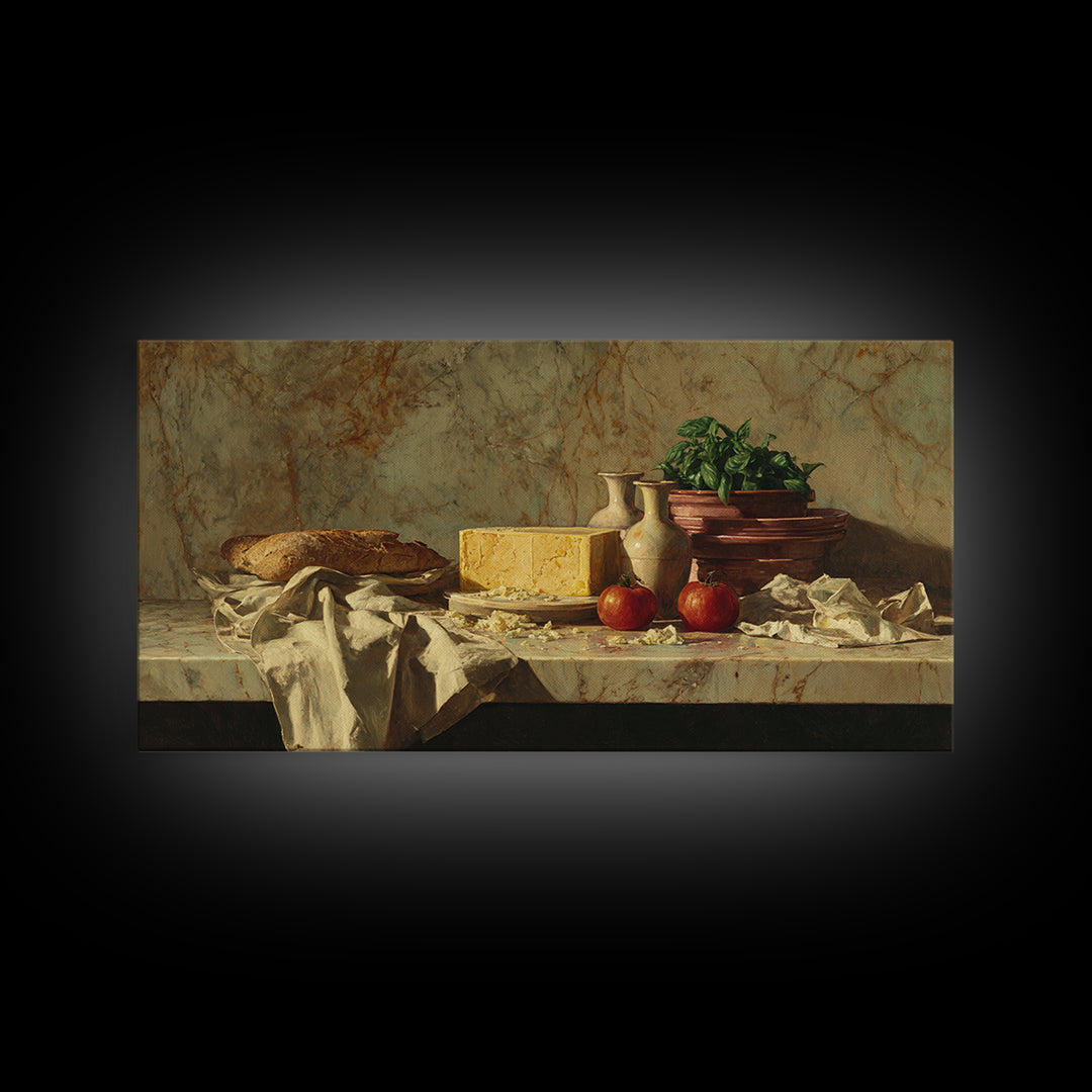 Baguette and Butter Still Life on Marble Canvas Print, Bakery Art, Printable Wall Art, Bakery Decor, Fine Art, Patisserie, BAK-2x1-52