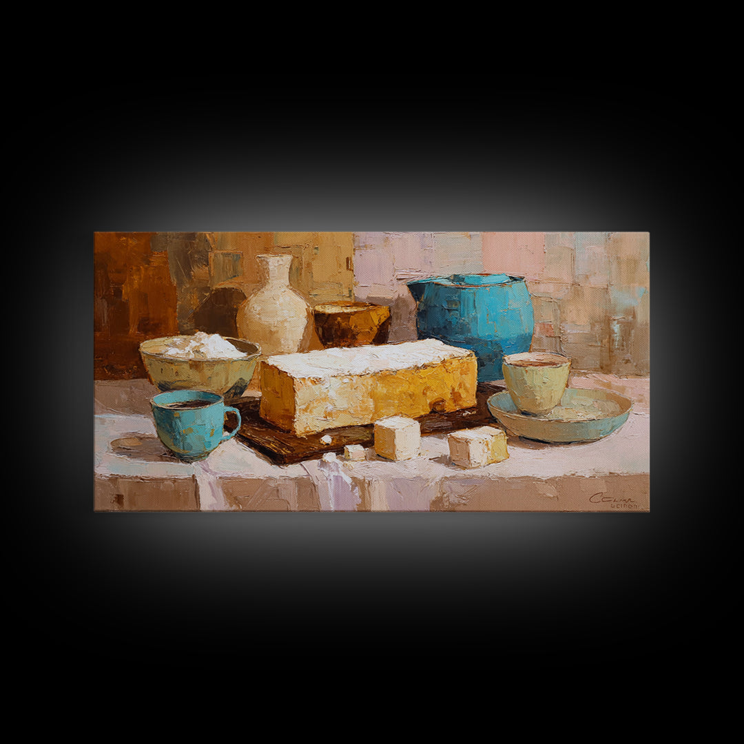 Painterly Eclair and Coffee Still Life Framed Canvas Print, Bakery Art, Kitchen Decor, Bakery Decor, Fine Art, Patisserie, BAK-2x1-56