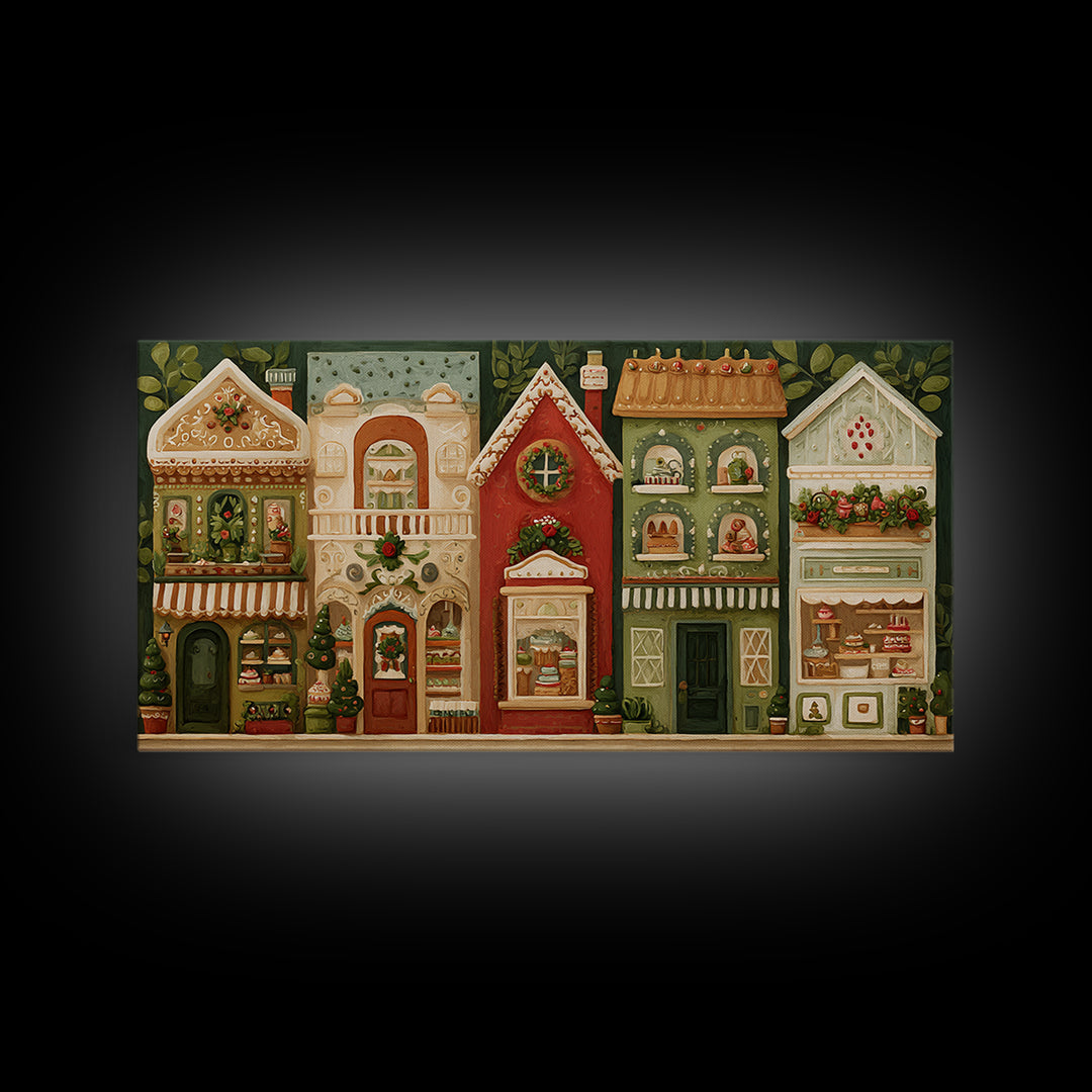 Gingerbread Houses in Charming Folk Art Style Canvas Print, Bakery Art, Printable Wall Art, Bakery Decor, Fine Art, Patisserie, BAK-2x1-58