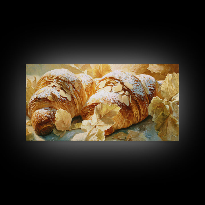 Almond Croissant Closeup Framed Canvas Print, Bakery Art, Aesthetic Wall Art, Bakery Decor, Watercolor Art, Patisserie, BAK-2x1-59