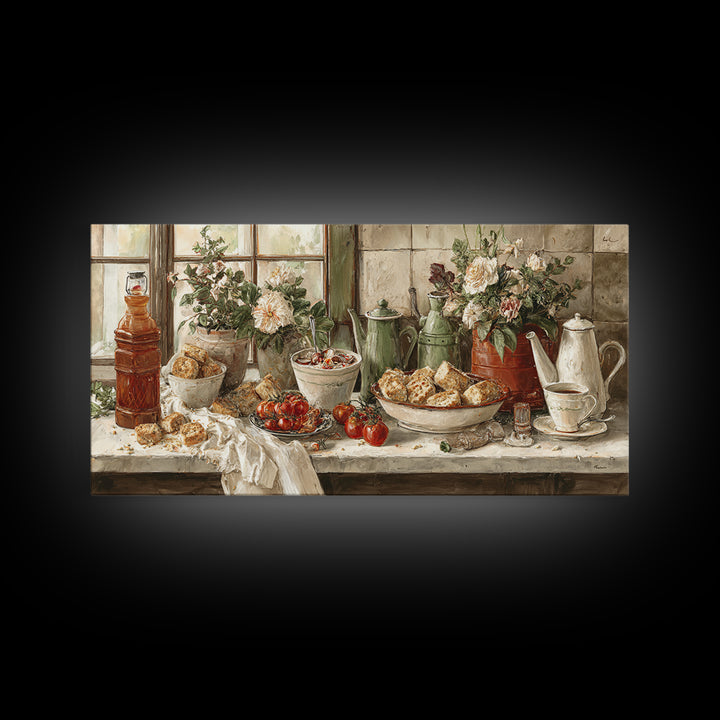 Tea and Scone Arrangement Canvas Print, Bakery Art, Digital Print, Bakery Decor, Fine Art, Patisserie, Kitchen Art Print, BAK-2x1-64