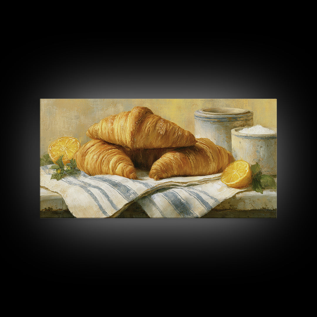 Buttery Croissants Stacked on Striped Linen Canvas Print, Bakery Art, Colorful Wall Art, Bakery Decor, Abstract Art, Patisserie, BAK-2x1-69