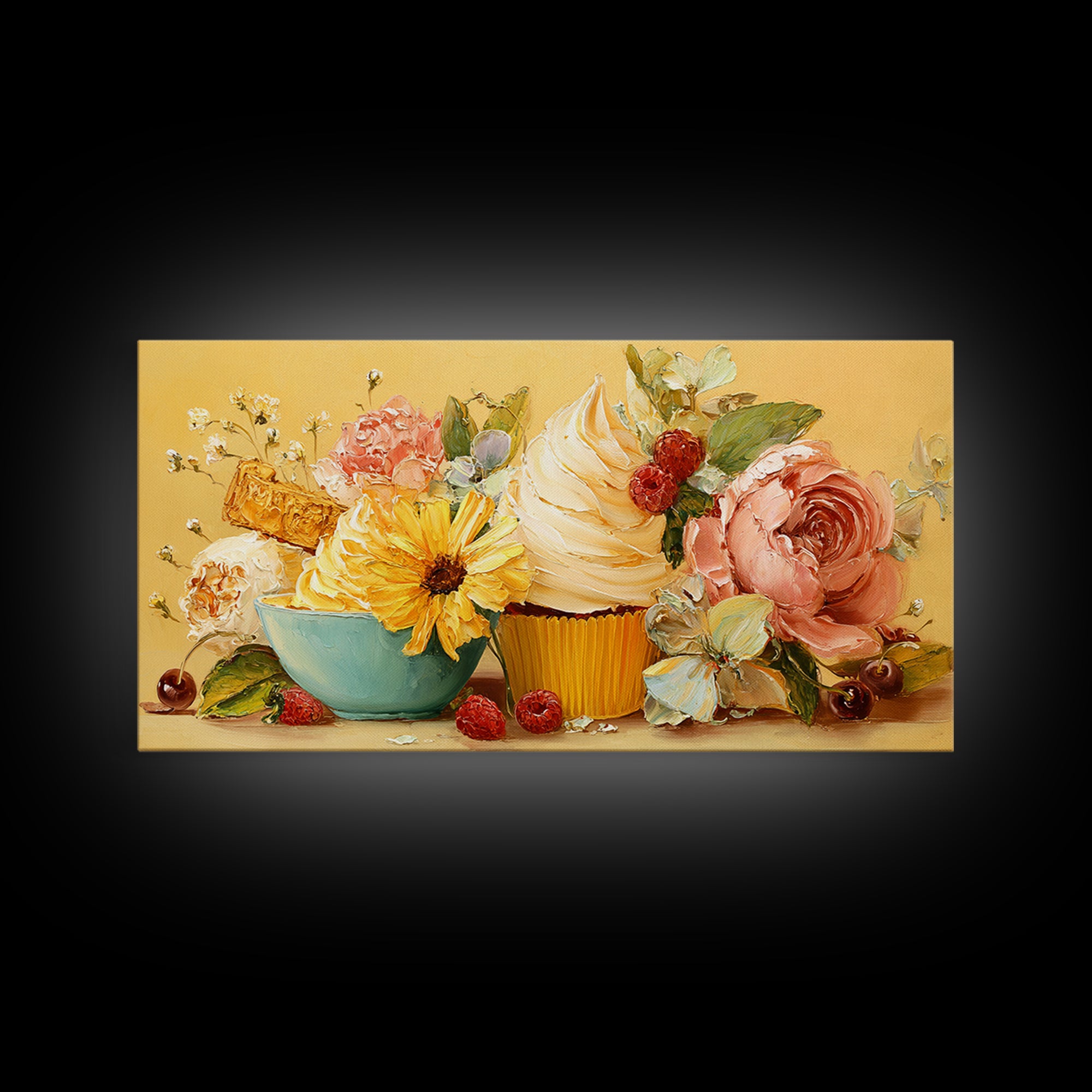 Cupcake Bouquet Painted Framed Canvas Print, Bakery Art, Room Decor, Bakery Decor, Fine Art, Patisserie, Digital Print, BAK-2x1-75