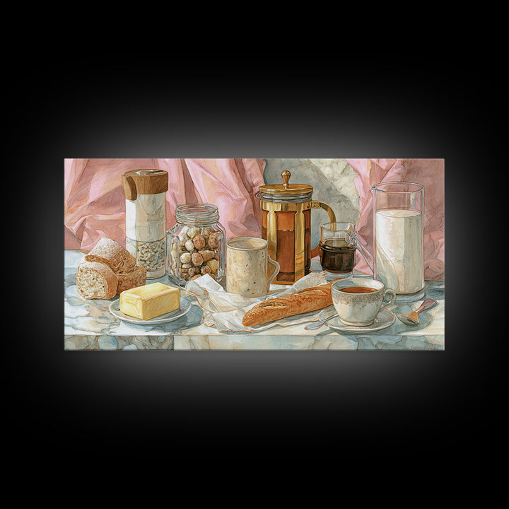Baguette and Butter Still Life on Marble Canvas Print, Bakery Art, Kitchen Print, Bakery Decor, Fine Art, Patisserie, BAK-2x1-76