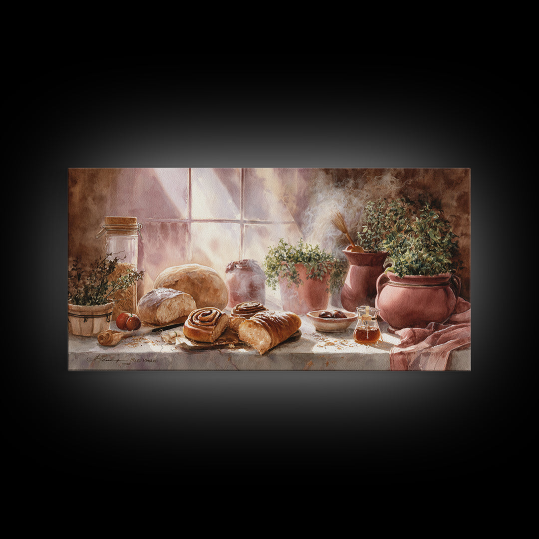 Cinnamon Rolls in a Warm Country Kitchen Framed Canvas Print, Bakery Art, Kids Art, Bakery Decor, Fine Art, Patisserie, BAK-2x1-79
