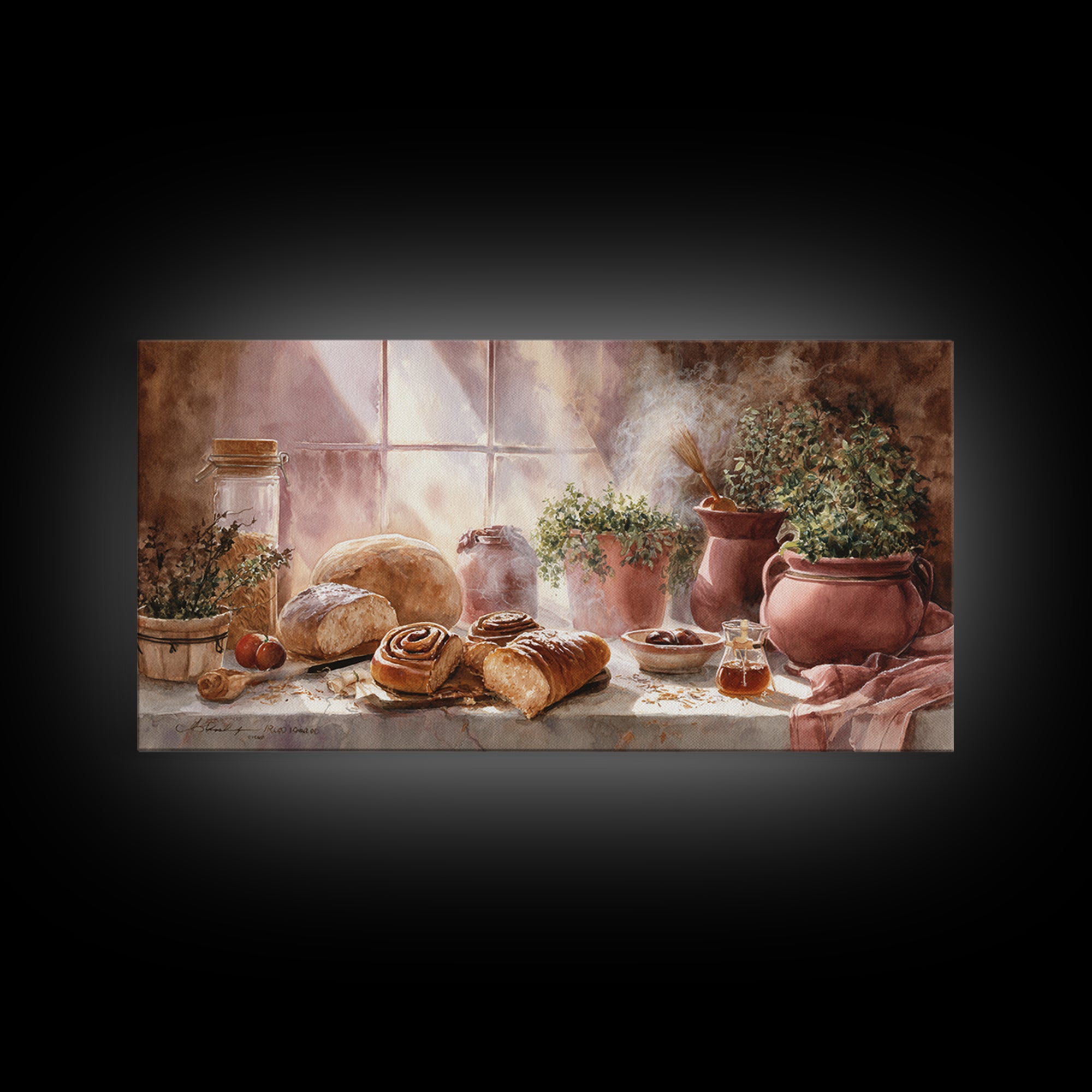 Cinnamon Rolls in a Warm Country Kitchen Framed Canvas Print, Bakery Art, Kids Art, Bakery Decor, Fine Art, Patisserie, BAK-2x1-79