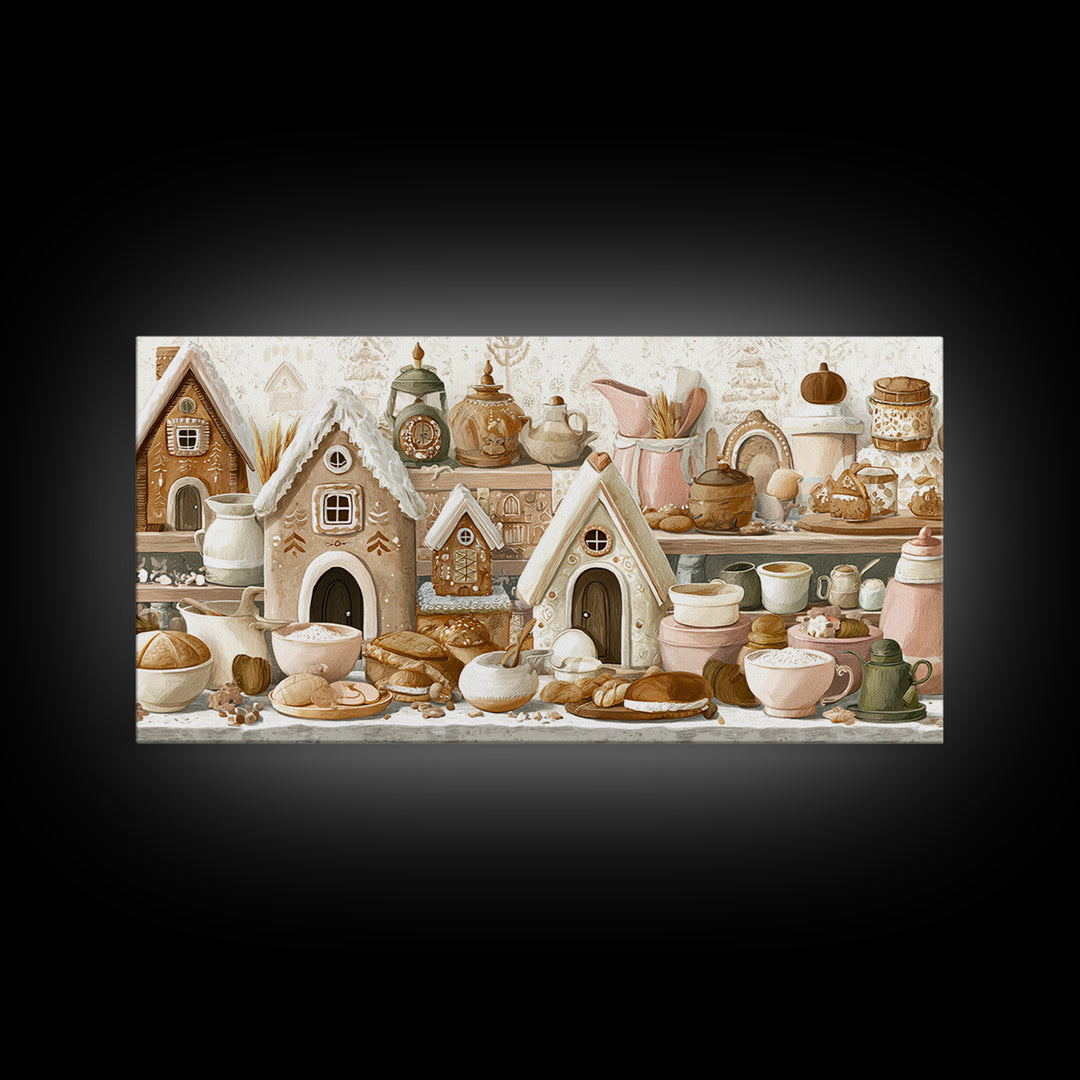 Gingerbread Houses in Charming Folk Art Style Canvas Print, Bakery Art, Printable Wall Art, Bakery Decor, Fine Art, Patisserie, BAK-2x1-82