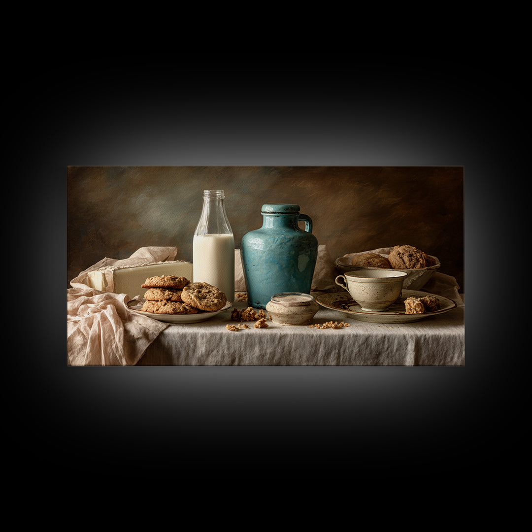 Milk Bottle and Cookies Nostalgic Still Life Framed Canvas Print, Bakery Art, Kitchen Wall Art, Bakery Decor, Oil Painting, BAK-2x1-90