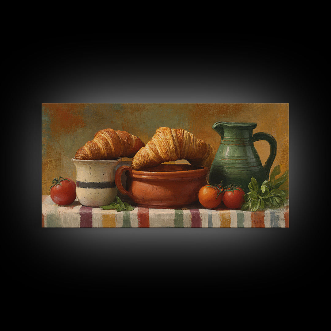 Buttery Croissants Stacked on Striped Linen Canvas Print, Bakery Art, Colorful Wall Art, Bakery Decor, Abstract Art, Patisserie, BAK-2x1-93