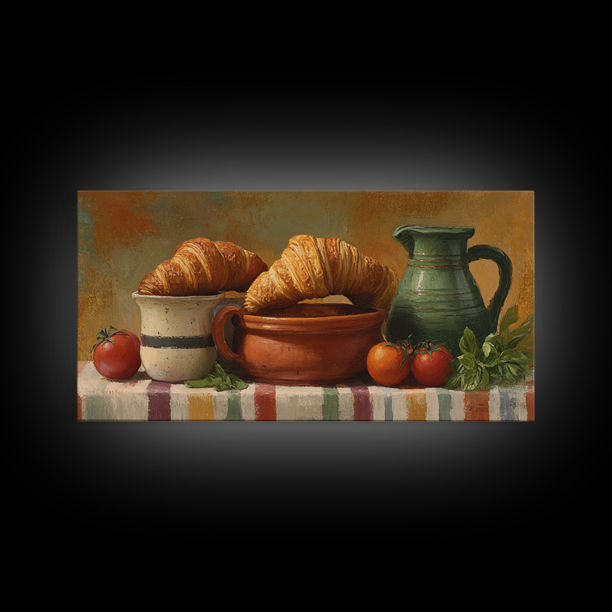 Buttery Croissants Stacked on Striped Linen Canvas Print, Bakery Art, Colorful Wall Art, Bakery Decor, Abstract Art, Patisserie, BAK-2x1-93