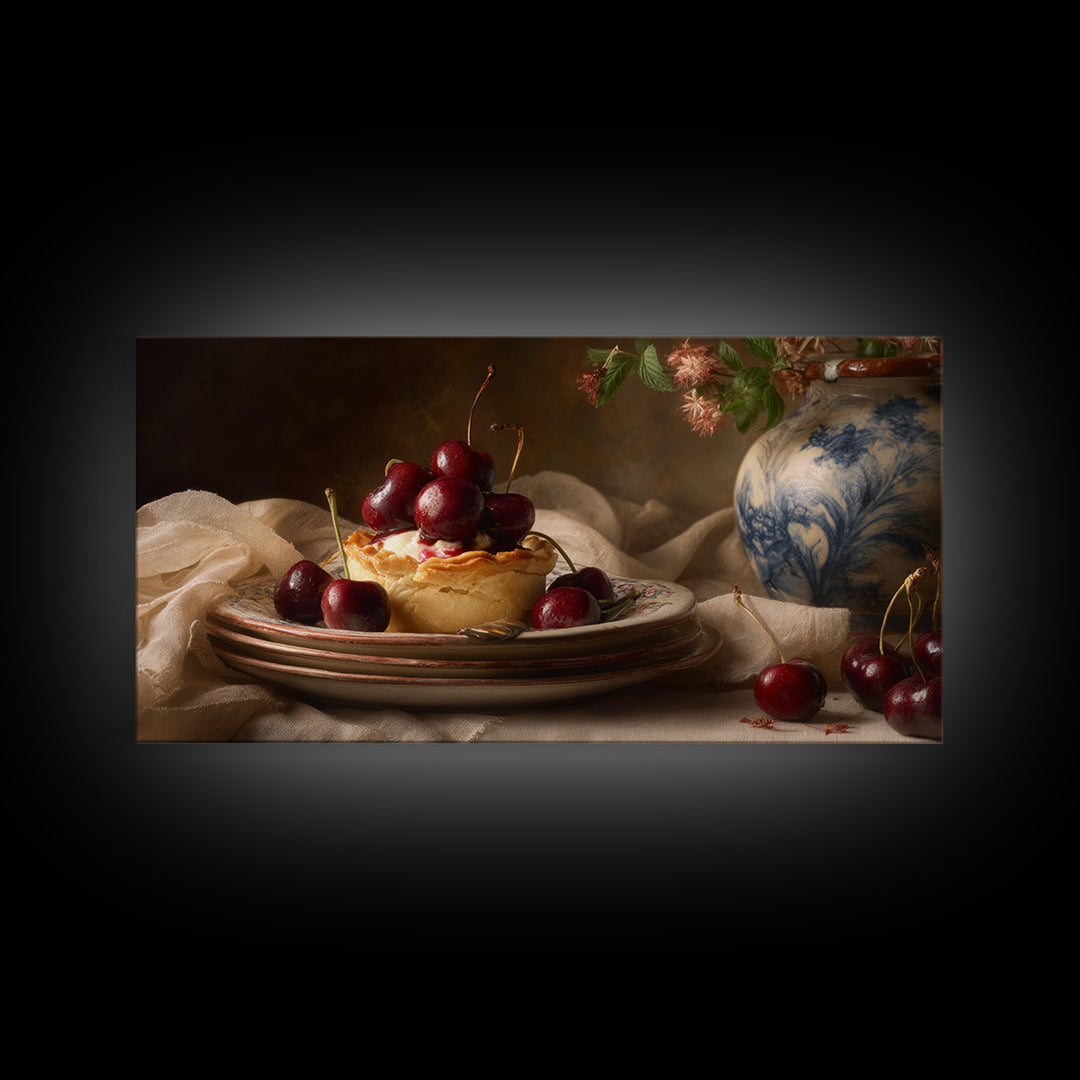 Cherry Tart Still Life Framed Canvas Print, Bakery Art, Digital Download Art, Bakery Decor, Fine Art, Patisserie, Neutral Decor, BAK-2x1-97