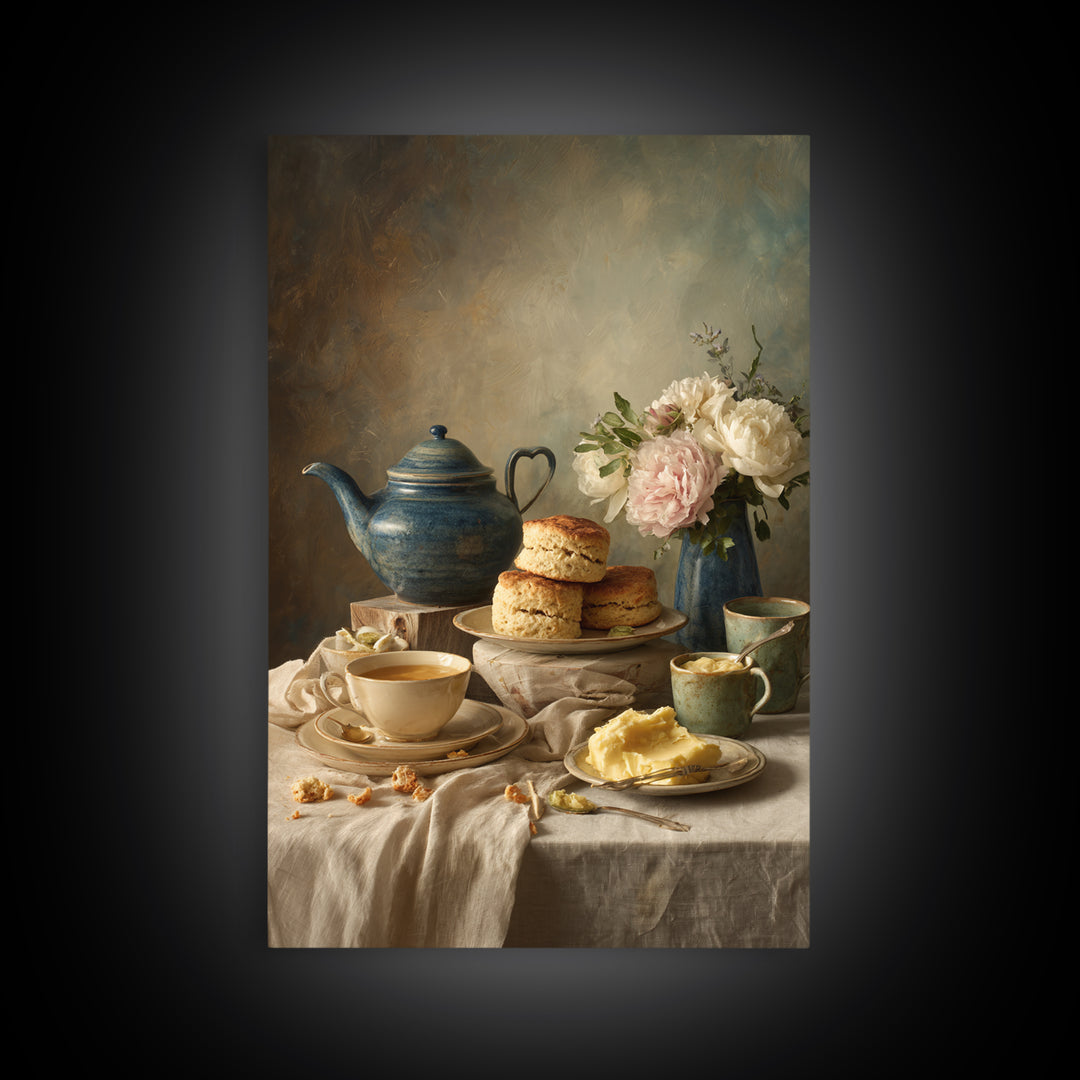 Tea and Scone Arrangement Framed Canvas Print, Bakery Art, Printable Wall Art, Bakery Decor, Patisserie, Coffee Wall Art, BAK-2x3-100