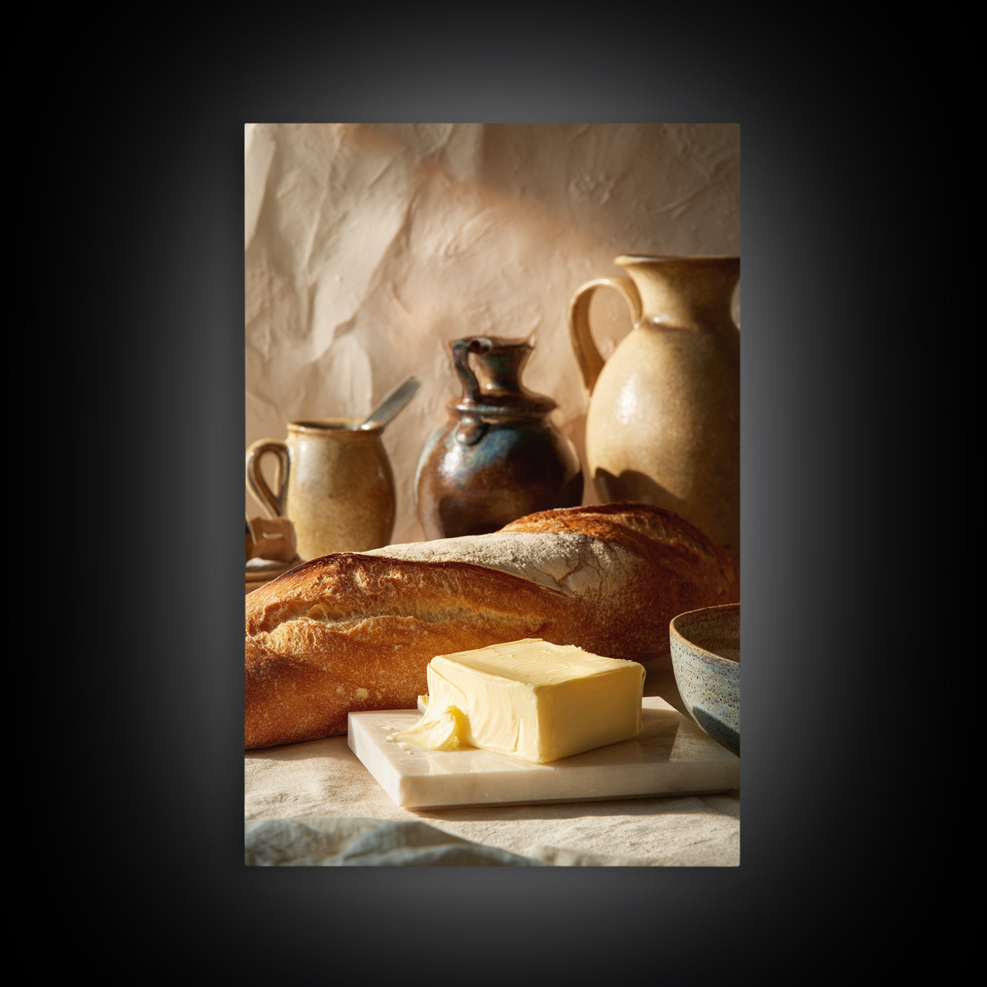 Baguette and Butter Still Life on Marble Canvas Print, Bakery Art, Gallery Decor, Bakery Decor, Fine Art, Patisserie, BAK-2x3-16