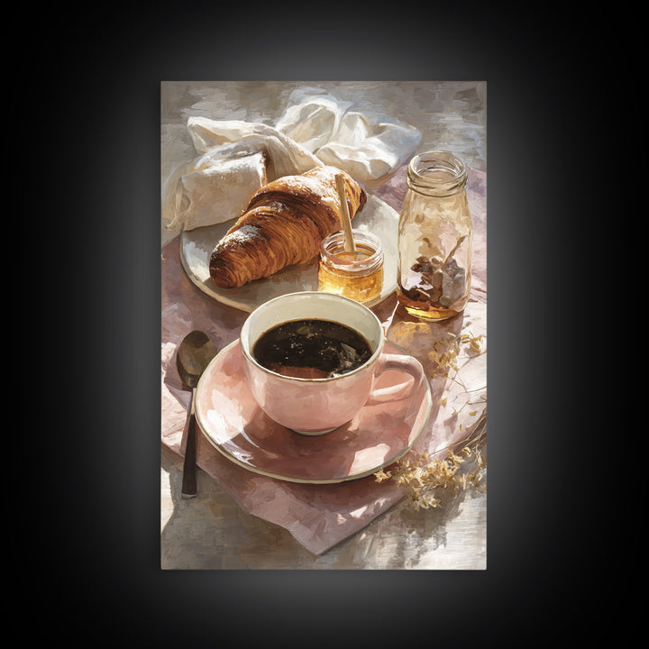 Painterly Eclair and Coffee Still Life Framed Canvas Print, Bakery Art, Kitchen Prints, Bakery Decor, Oil Painting, Patisserie, BAK-2x3-20