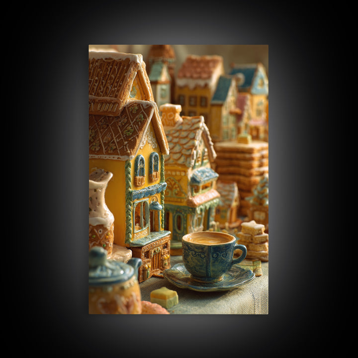 Gingerbread Houses in Charming Folk Art Style Framed Canvas Print, Bakery Art, Wall Decor, Bakery Decor, Fine Art, Patisserie, BAK-2x3-22