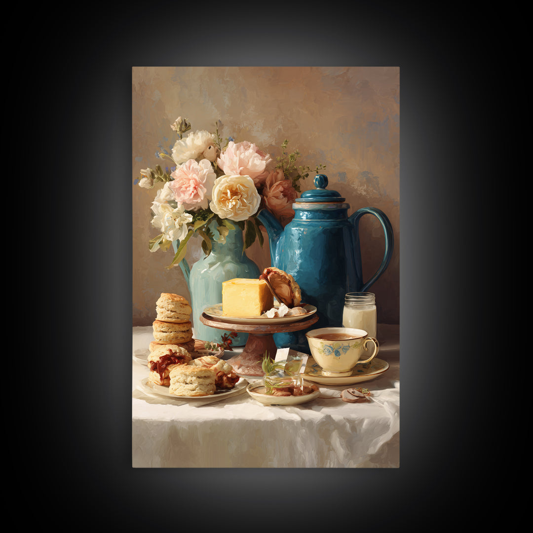 Tea and Scone Arrangement Framed Canvas Print, Bakery Art, Neutral Wall Art, Bakery Decor, Patisserie, Statement Artwork, BAK-2x3-28