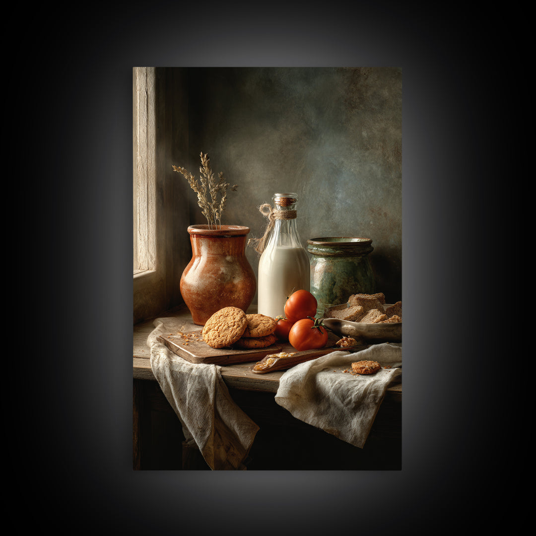 Milk Bottle and Cookies Nostalgic Still Life Framed Canvas Print, Bakery Art, Minimalist Decor, Bakery Decor, Patisserie, BAK-2x3-30