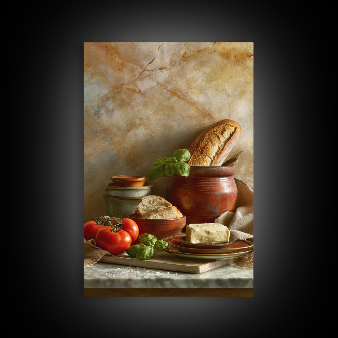 Baguette and Butter Still Life on Marble Canvas Print, Bakery Art, Contemporary Art, Bakery Decor, Fine Art, Patisserie, BAK-2x3-40