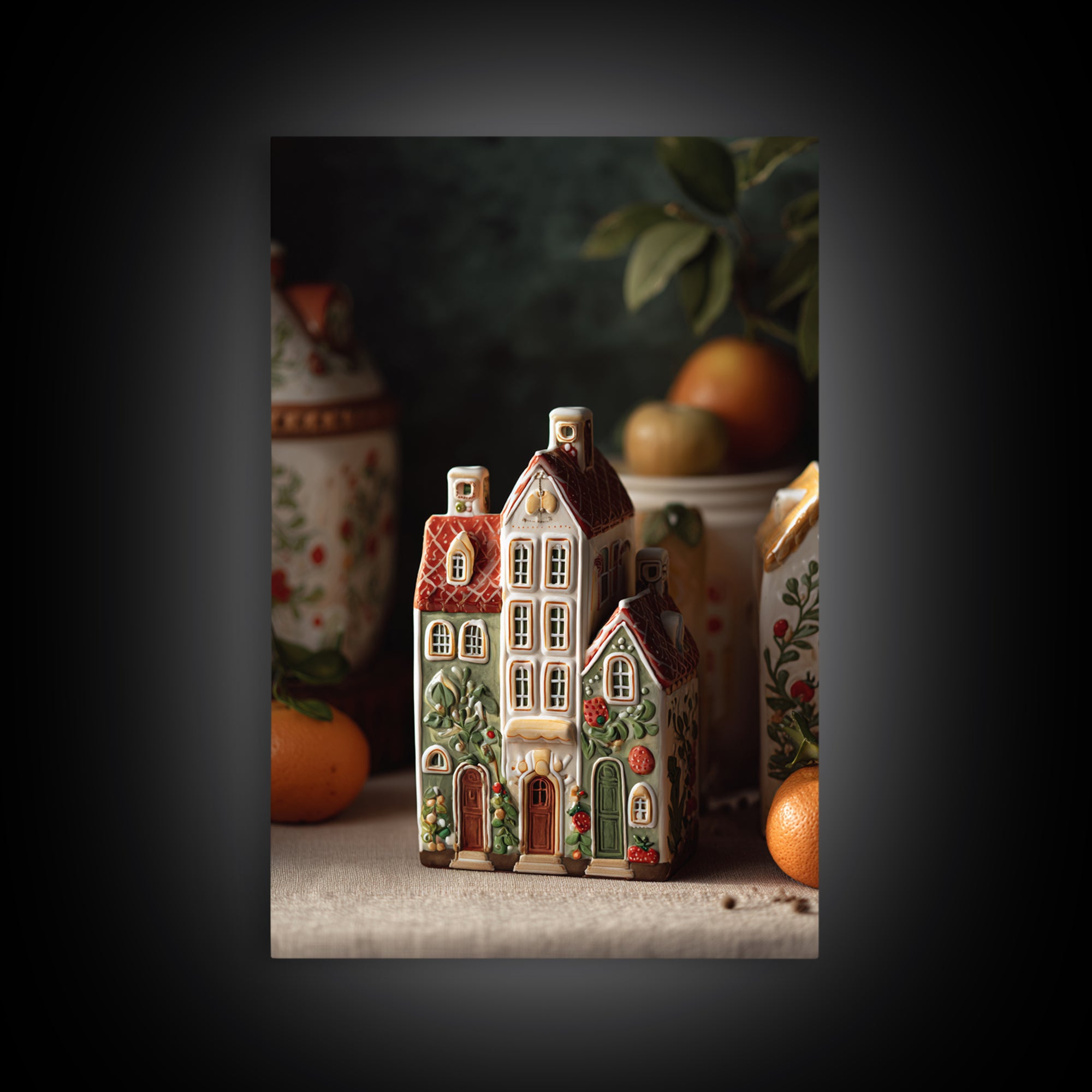 Gingerbread Houses in Charming Folk Art Style Framed Canvas Print, Bakery Art, Wall Decor, Bakery Decor, Fine Art, Patisserie, BAK-2x3-46