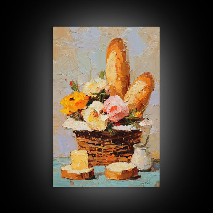 French Market Basket Filled Canvas Print, Bakery Art, Print, Bakery Decor, Oil Painting, Patisserie, Food Art, Kitchen Print, BAK-2x3-50