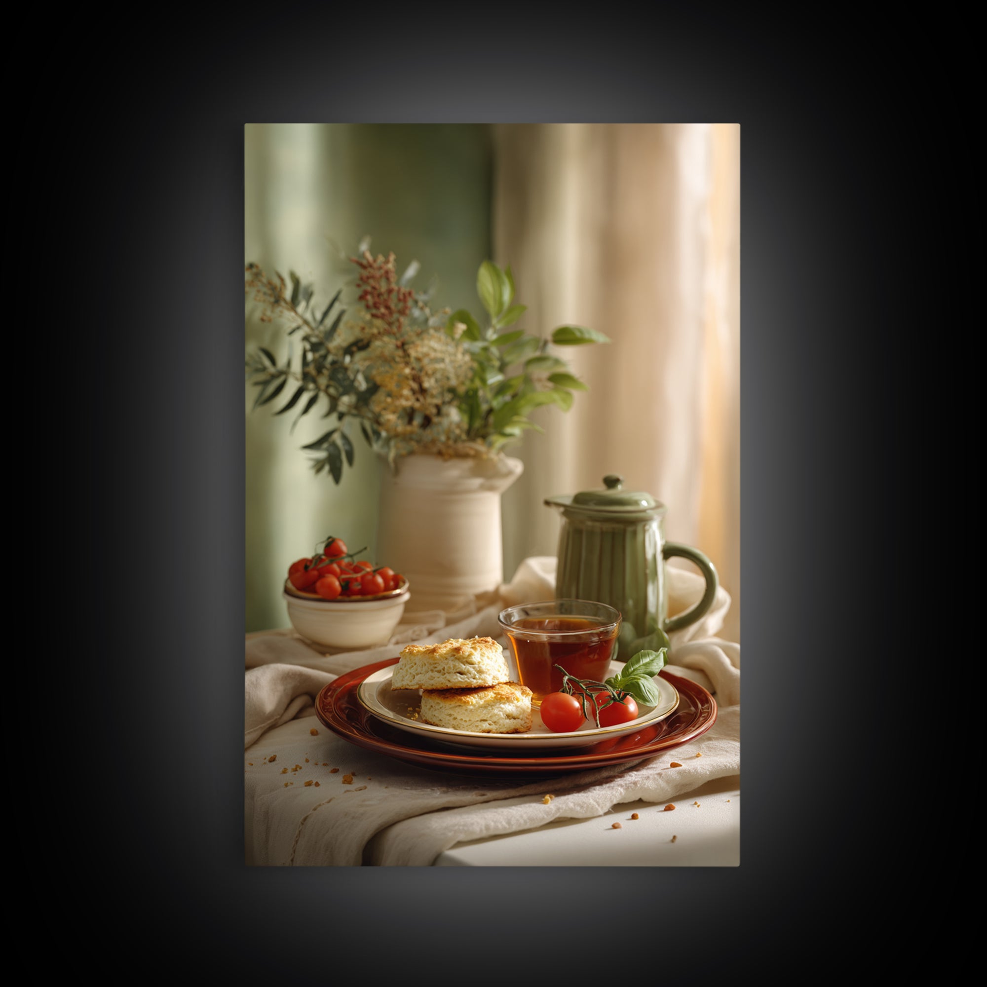 Tea and Scone Arrangement Framed Canvas Print, Bakery Art, Wall Decor, Bakery Decor, Fine Art, Patisserie, Kitchen Prints, BAK-2x3-52