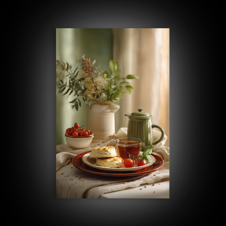 Tea and Scone Arrangement Framed Canvas Print, Bakery Art, Wall Decor, Bakery Decor, Fine Art, Patisserie, Kitchen Prints, BAK-2x3-52