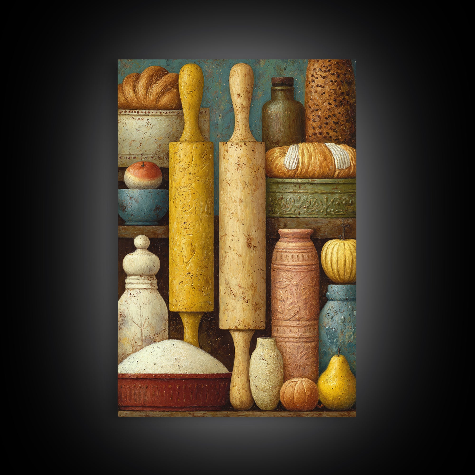Patisserie Pattern of Rolling Pins and Pastries Framed Canvas Print, Bakery Art, Kitchen Prints, Bakery Decor, Oil Painting, BAK-2x3-53
