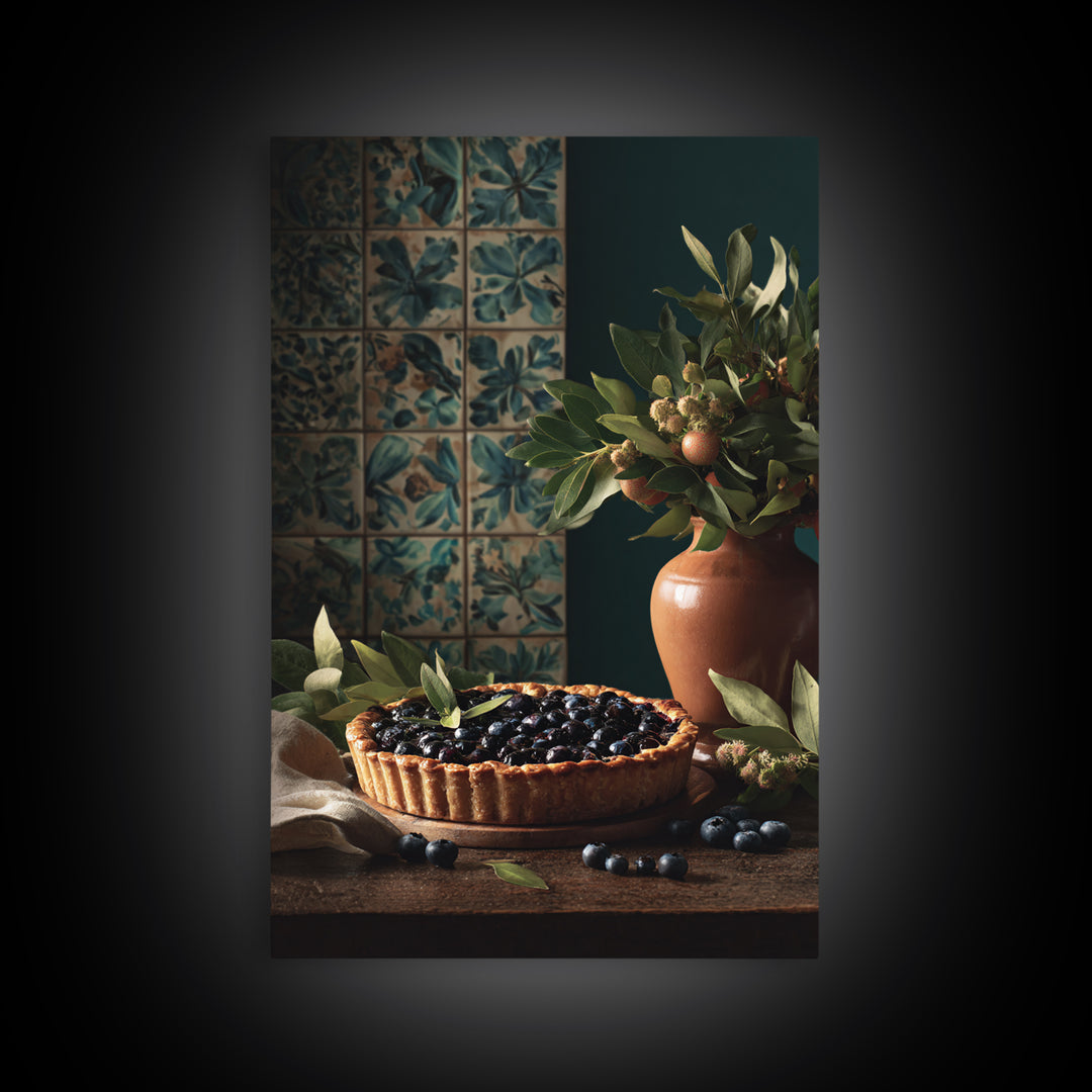 Blueberry Galette with Rustic Farmhouse Texture Framed Canvas Print, Bakery Art, Digital Print, Bakery Decor, Patisserie, BAK-2x3-55