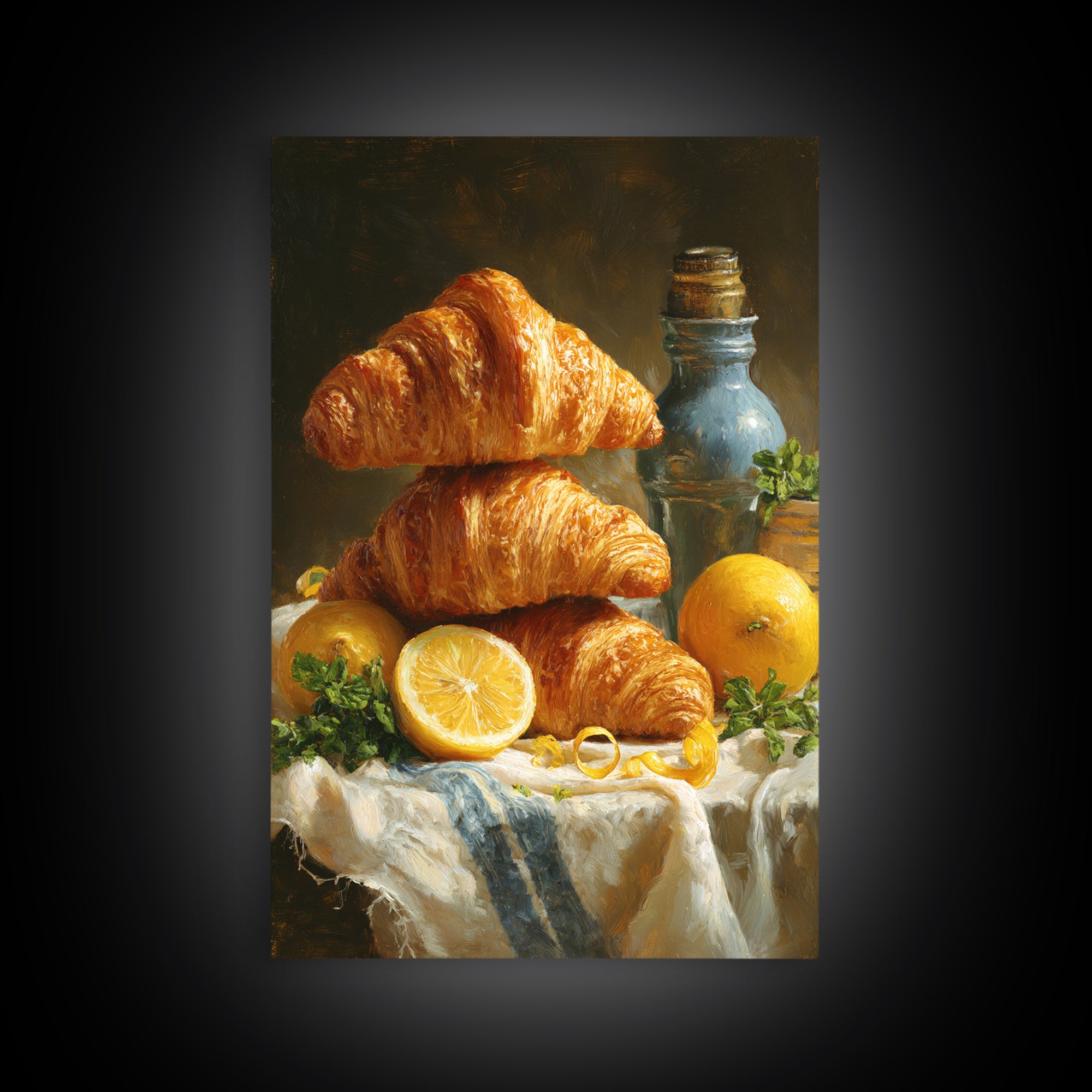 Buttery Croissants Stacked on Striped Linen Canvas Print, Bakery Art, Watercolor Print, Bakery Decor, Fine Art, Patisserie, BAK-2x3-57