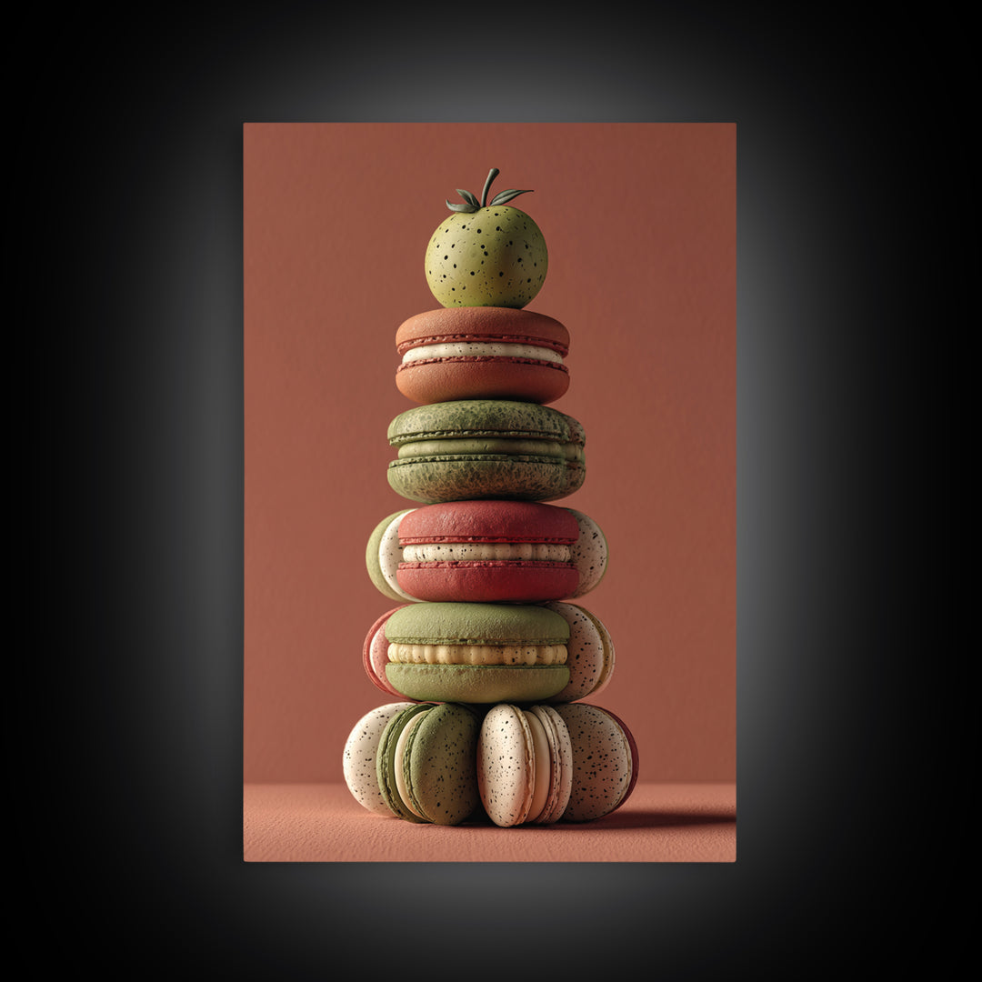 Single Perfect Macaron Tower Framed Canvas Print, Bakery Art, Kitchen Prints, Bakery Decor, Oil Painting, Patisserie, BAK-2x3-59