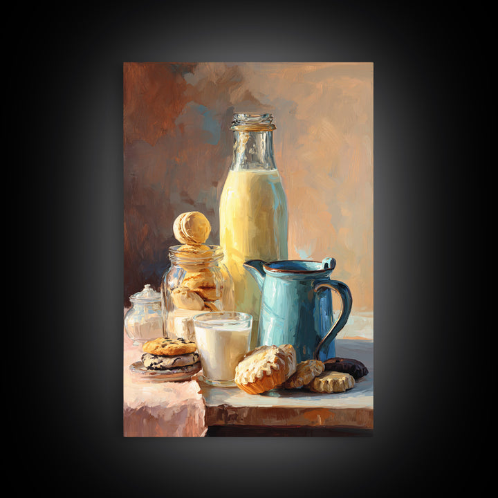 Milk Bottle and Cookies Nostalgic Still Life Framed Canvas Print, Bakery Art, Minimalist Decor, Bakery Decor, Patisserie, BAK-2x3-6