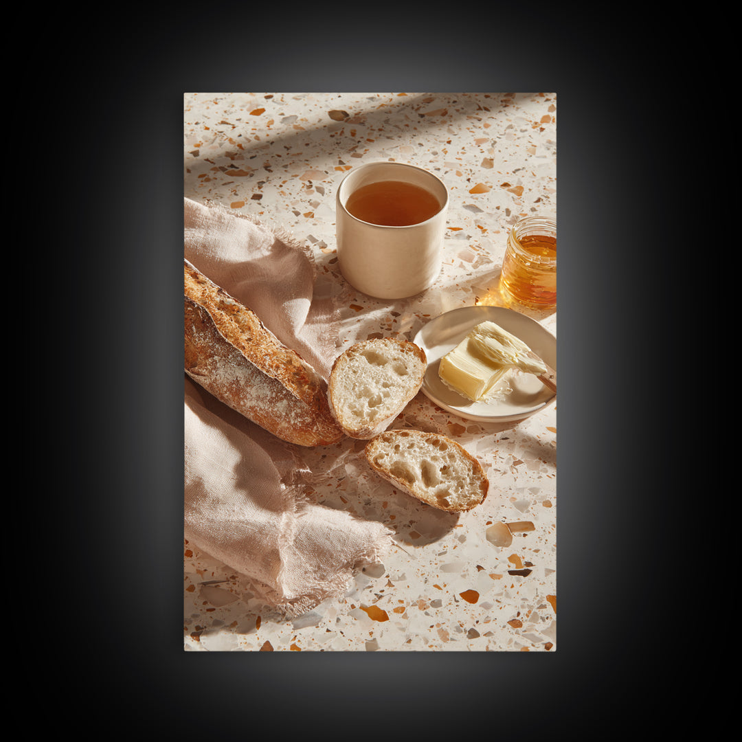 Baguette and Butter Still Life on Marble Framed Canvas Print, Bakery Art, Printable Wall Art, Bakery Decor, Patisserie, BAK-2x3-64