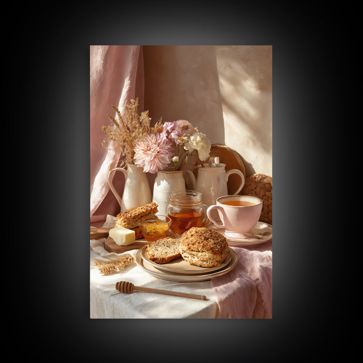 Tea and Scone Arrangement Framed Canvas Print, Bakery Art, Whimsical Wall Art, Bakery Decor, Fine Art, Patisserie, Luxury Decor, BAK-2x3-76