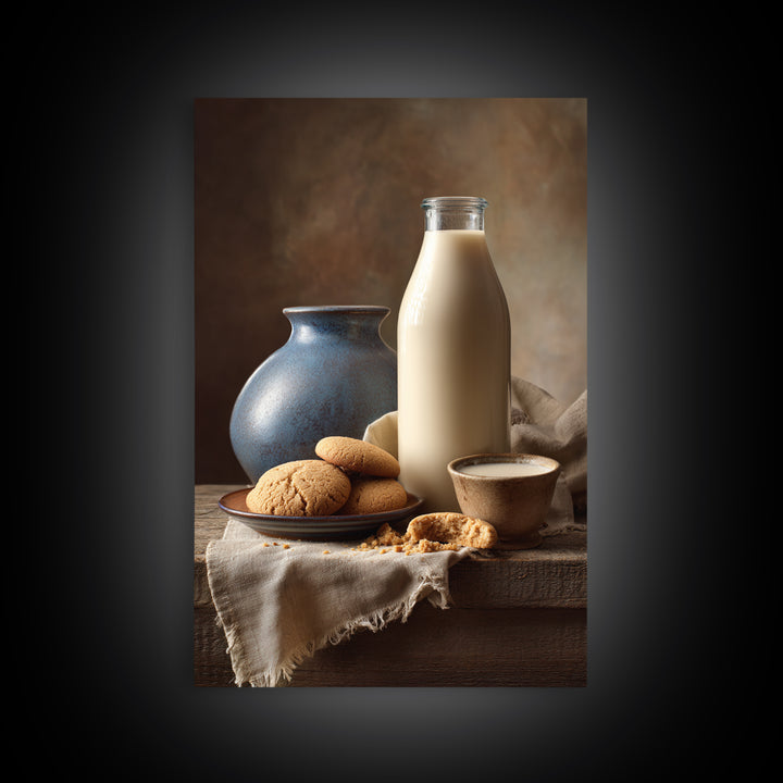 Milk Bottle and Cookies Nostalgic Still Life Framed Canvas Print, Bakery Art, Kitchen Art, Bakery Decor, Fine Art, Patisserie, BAK-2x3-78