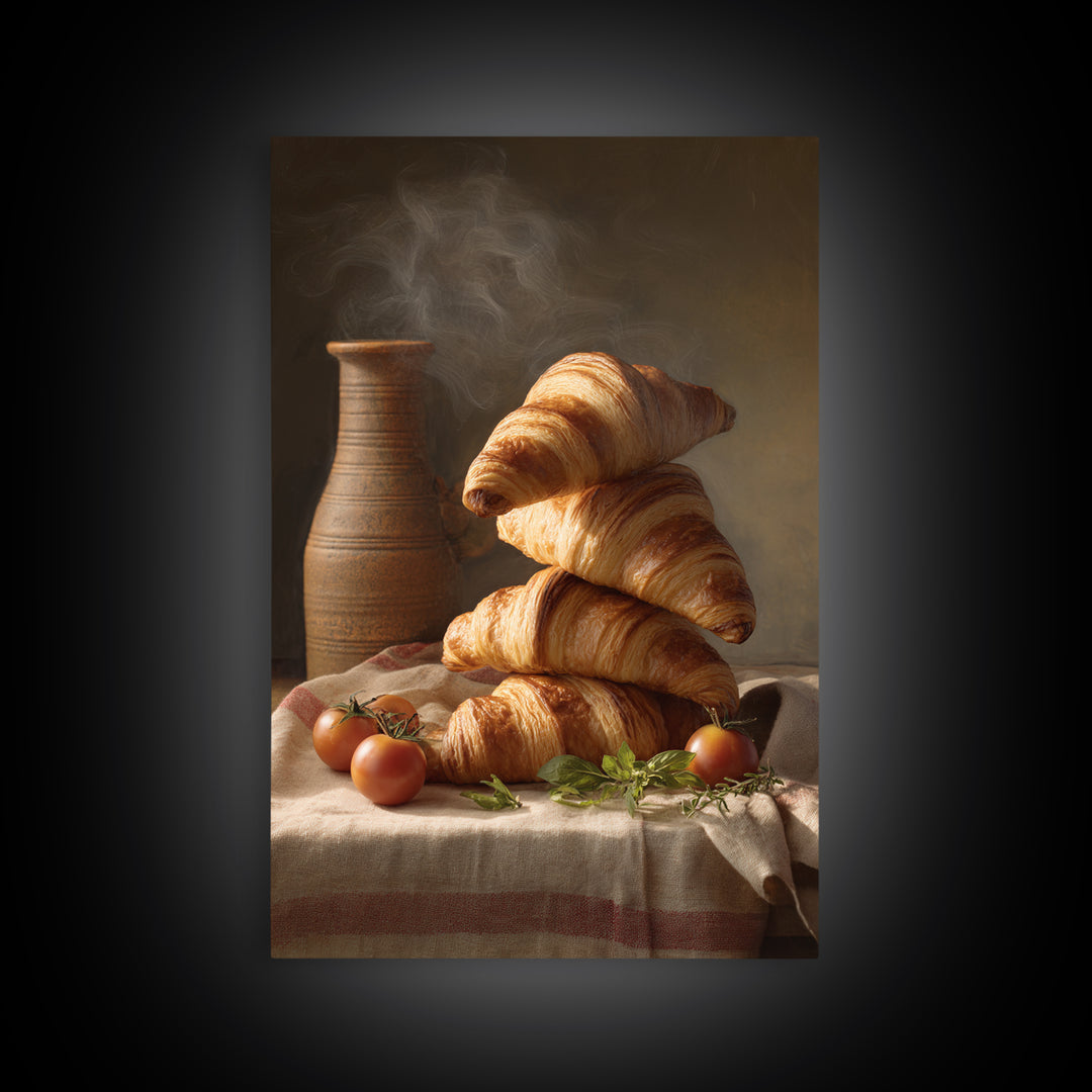 Buttery Croissants Stacked on Striped Linen Canvas Print, Bakery Art, Watercolor Print, Bakery Decor, Fine Art, Patisserie, BAK-2x3-81