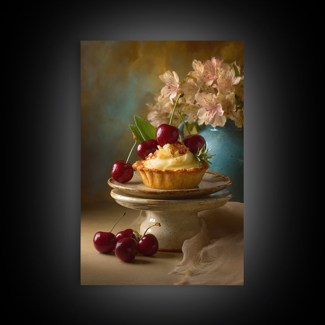 Cherry Tart Still Life Framed Canvas Print, Bakery Art, Neutral Wall Art, Bakery Decor, Fine Art, Patisserie, Statement Artwork, BAK-2x3-85