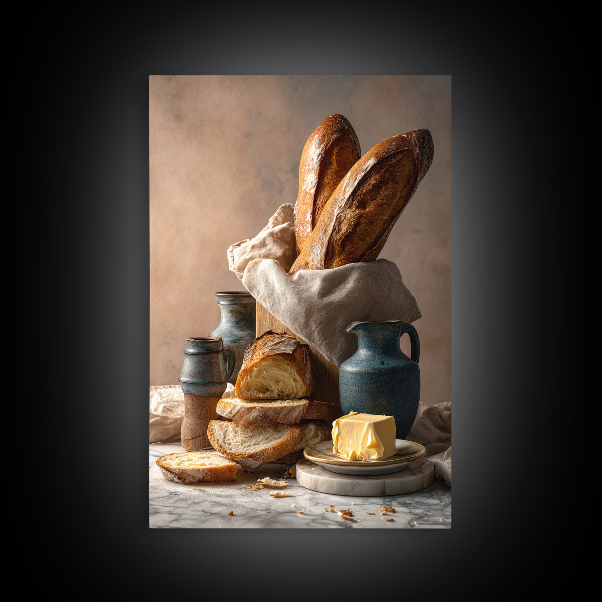 Baguette and Butter Still Life on Marble Framed Canvas Print, Bakery Art, Kitchen Print, Bakery Decor, Fine Art, Patisserie, BAK-2x3-88